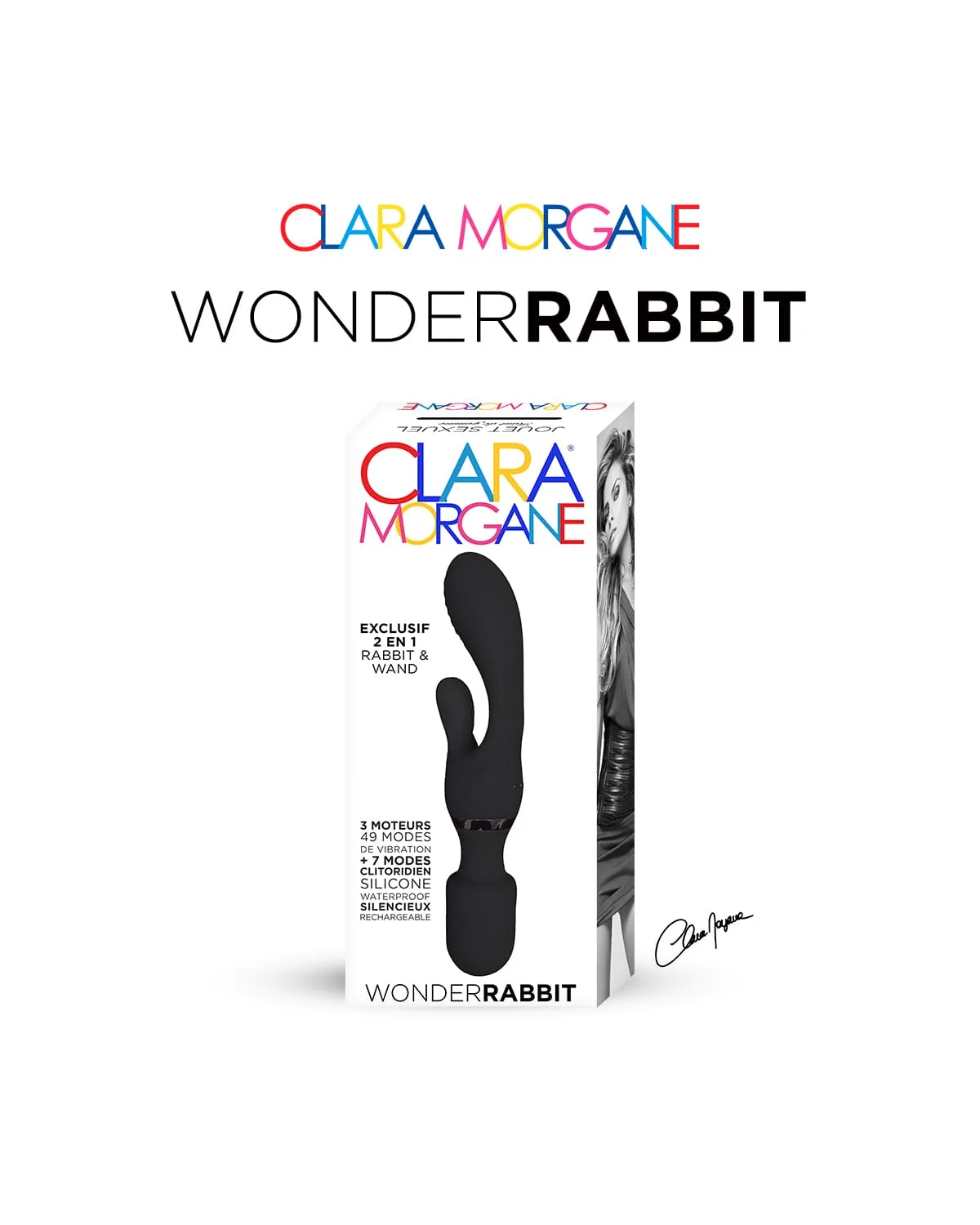Vibromasseur deux en un rabbit wand boite Clara morgane