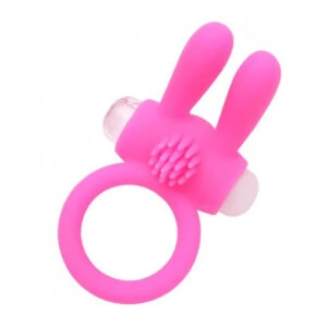 Anneau vibrant silicone rose avec oreilles de lapin.