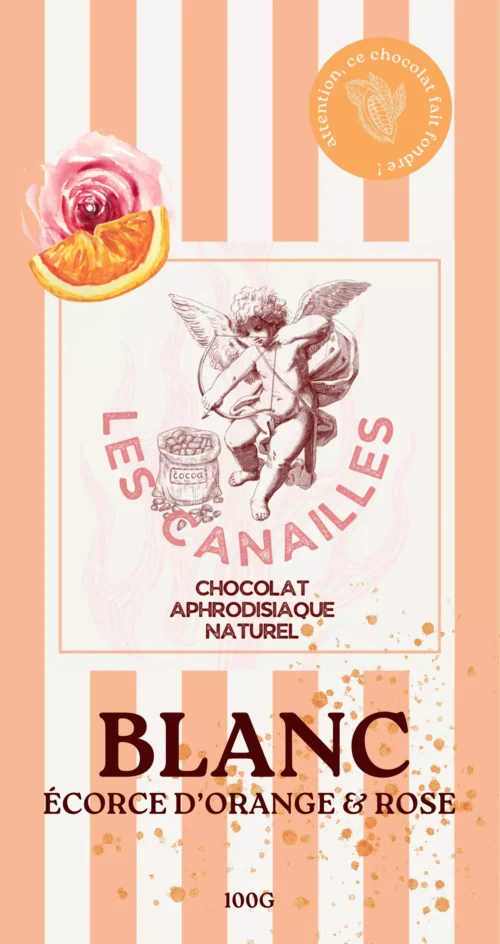 Tablette de chocolat aphrodisiaque - Blanc, écorce d'orange et rose