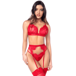 Ensemble sexy 3 pièces peek-a-boo en dentelle avec string et porte-jarretelles -62467